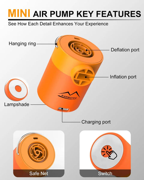 Ultra Mini Portable Air Pump For Pool Floats And Air Mattress Wireless Inflator And Deflator Rechargeable showing features