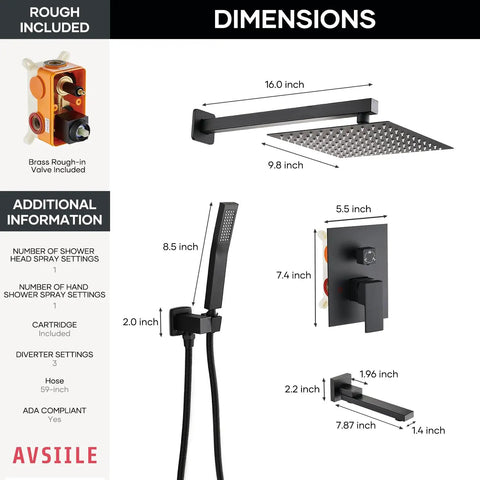 Top Shelf Matte Black Shower Faucet Set With 10 Inch Rainfall Shower Head And Tub Spout, Solid Stainless Steel Bathroom Fixture With Triple Spray Functions For Real Deal Relaxation