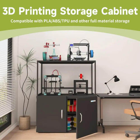 Beefy 300L Filament Storage Cabinet With Dehumidifier For 3D Printing, Airtight Seal Keeps PLA ABS TPU Dry, Black cabinet in office setting
