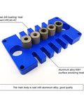 Top view of a 3 In 1 Woodworking Drill Guide And Punch Positioner With Pro Grade Precision Aluminum Alloy Dowel Jig in blue, 125mm x 70mm x 30mm.