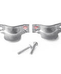 4 Pack Strain Relief Clamp Kit For Dryer Cords That Secures Electrical Connections And Prevents Pulling Sideways Movement And Stretching Damage Beefy Heavy Duty Rust Resistant Steel Two Piece Clamp Set showing two clamps and screws.