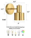 Gold Plug-In Wall Sconces Set Of 2, Industrial Vintage E26 Adjustable Wall Lamps with dimensions and bulb types, shown up close.