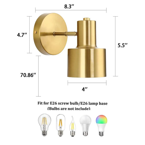 Gold Plug-In Wall Sconces Set Of 2, Industrial Vintage E26 Adjustable Wall Lamps with dimensions and bulb types, shown up close.