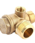 Three Port Air Compressor Check Valve With Male And Female Threads Brass Pneumatic Valve For Quick Connects Replaces Worn Valves In Tanks And Piston Pumps The Real Workhorse For Your Air System, close-up brass body with threads visible