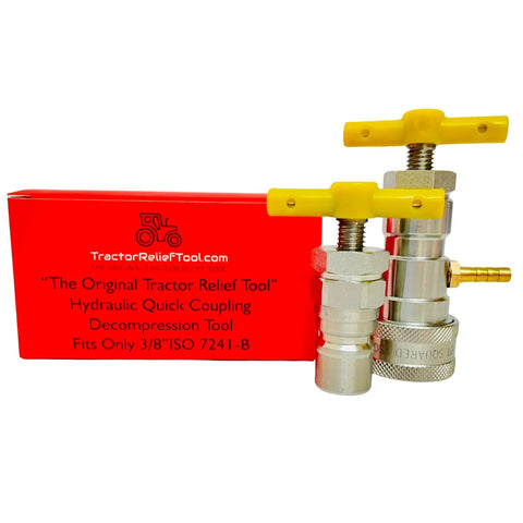 Three Eighths Inch ISO 7241-B Hydraulic Quick Coupling Pressure Relief Tool Kit with male and female adapters, compact design.