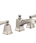 Spot Resist Brushed Nickel Two Handle Widespread Bathroom Sink Faucet With Valve Included Flexible 8 to 16 Inch Installation Duralock Quick Connect Easy Install And Clean Look displaying handles and spout