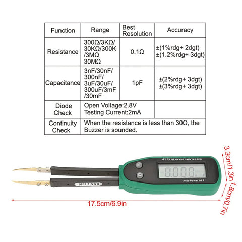 Handheld SMD Tester And Digital Multimeter For Electronics Work, Measures Resistance And Capacitance, with specifications chart