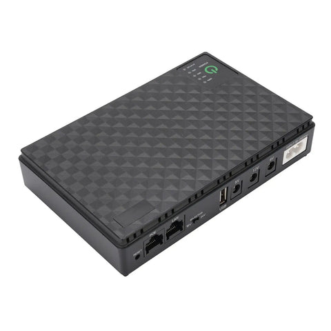 Plug And Play 10400mAh Ups Battery Backup For Routers And Modems, compact black design with multiple DC outputs.