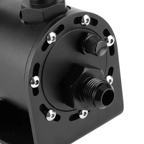Yukofe Universal Air Oil Separator Catch Can close-up showing black stainless steel connection ports and screws for car engine modification.