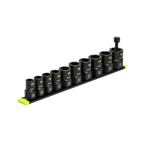 Ten-piece Three Eighths Inch Drive Metric Socket Extractor Set BiDirectional Design for loosening and removing fasteners
