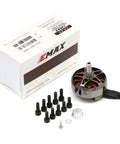 Set Of Four Boss Level Brushless Motors For Rc Fpv Racing Quads 2807 Frame 1500 Kv with screws and box displayed.