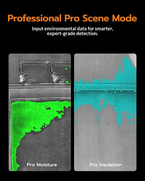 Dual-Lens WiFi Heat Cam With AI Upscale To 640x480 UIRA-IR 2MP Visual Sensor Five Modes Visual Thermal Fusion PIP Blending 25 Hz Frame Rate For Smooth Footage And Hidden Detail Detection showing moisture and insulation views
