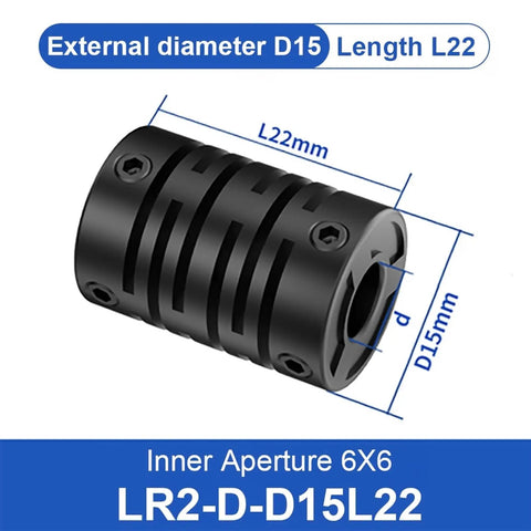 Top Tier Plastic Coupling For 3D Printers And CNC Motors Features Flexible Nylon Fiber Shaft Design With LR2 D15L22 Dimensions, showing D15, L22mm measurement.
