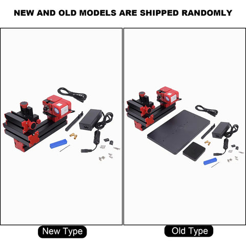 Garosa 6 In 1 Mini Motorized Lathe Machine new and old models displayed side by side with accessories and base.