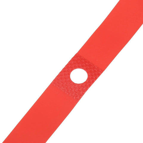 Close-up of Red PVC Rim Tape for 700C 27 Inch Bike Wheels, showing texture and valve hole, used to protect inner tube and prevent flats.