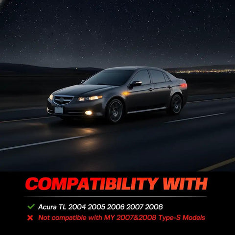 Night view of Acura TL with Amber LED Side Marker Lights for 2004-2008 models. Acura TL Amber Red LED Side Marker Lights