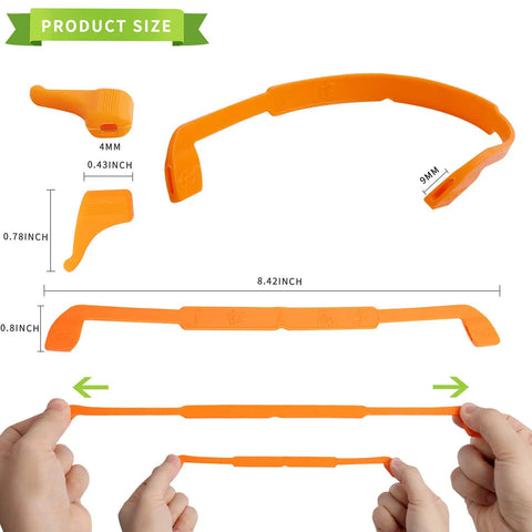 Kids Silicone Glasses Straps Anti Slip Elastic Eyewear Retainers 8.4 Inch, orange strap with size measurements displayed.
