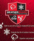 WeatherGuard rust protection logo with icons for precipitation, snowflake, wave, and percentage symbol on red background with text about rust resistance.