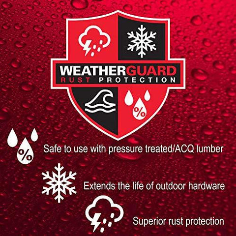 WeatherGuard rust protection badge with shield logo on red background, featuring rain, snowflake, wave, and drop icons.