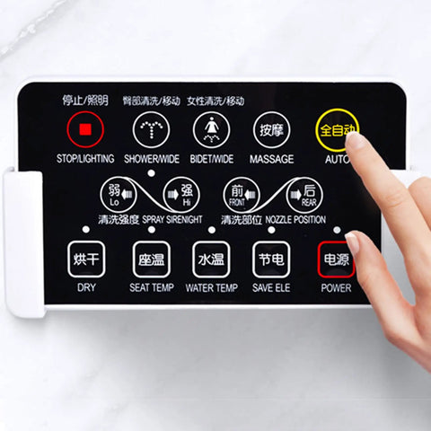 Slick remote control for Top Shelf Smart Bidet Toilet Seat featuring instant heated cushion and automatic washing functions.