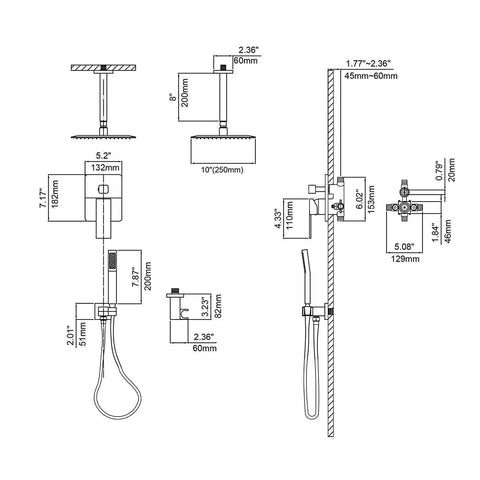 Heavy Duty Brushed Nickel Wall Mount Shower Combo Features A Square Ten Inch Ceiling Rain System And Handheld Spray Unit Crafted From Solid Brass For Knockout Water Pressure On Your Daily Grind - technical diagram with dimensions.