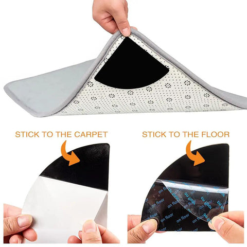 Non Slip Rug Pad Grippers For Round Rugs Reusable Washable Double Sided Tape Keeps Your Rug Flat Prevents Curling On Hardwood And Tile Floors Easy Peel And Stick Durable Black No Fuss shown in use under a rug.
