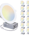 12 Pack 6 Inch Ultra Slim 5CCT LED Recessed Downlights With Junction Box Canless Dimmable, showing downlights and junction boxes.