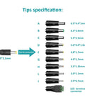 Diagram showing 10 interchangeable DC tips for 24V 1.5A Power Supply Adapter with 5.5mm x 2.1mm plug