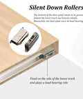 Close-up of hidden soft close sliding door hardware kit, showing silent down rollers and aluminum track on wooden door panel.