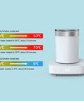 Keep Your Sip Game Strong With This Electric Cup Warmer And Chiller Featuring Three Auto Timer Modes For Piping Hot Coffee Or Ice Cold Drinks Portable Desktop Cooler showing temperature test results on screen.