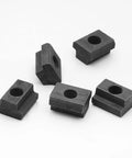 Premium Quality Heavy Duty M10 T Slot Nuts 3/8 Inch Thread Black Oxide Coated 5 Piece Set showing black fasteners on white background.