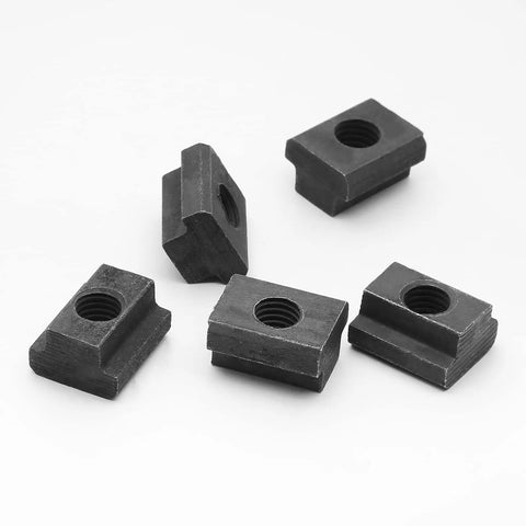 Premium Quality Heavy Duty M10 T Slot Nuts 3/8 Inch Thread Black Oxide Coated 5 Piece Set showing black fasteners on white background.