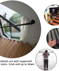 Straight Shooting Matte Black Pipe Handrail With Vintage Industrial Look And Rock Solid Wrought Iron Frame For Indoor Outdoor Steps Featuring No Sweat Custom Mounting And Durable Slip Resistant Grip on stairs.