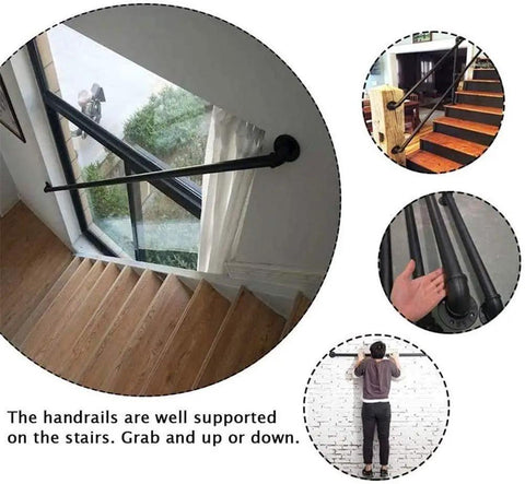 Sleek Matte Black Pipe Handrail With Vintage Industrial Wrought Iron Design For Indoor Outdoor Stairs delivering support on stairs.