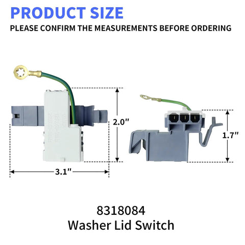 Top Load Washer Lid Switch Assembly Replacement 8318084, 3.1" x 2.0" x 1.7" part with wire and connector