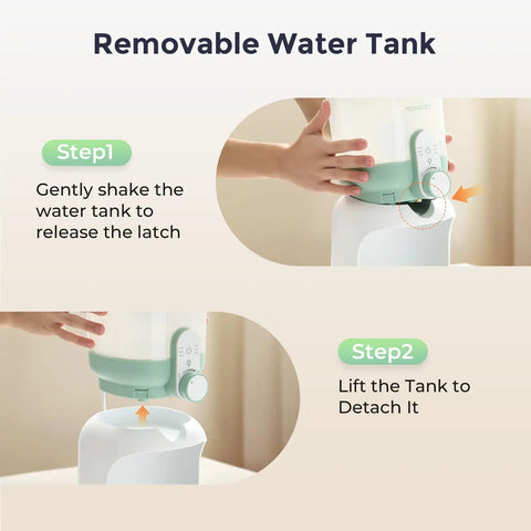 Portable Instant Water Warmer For Baby Formula With Adjustable Temperature Settings And Quick Heating Technology That Is A Legit Game Changer For On The Go Parents Who Want Seamless Bottle Prep Daily showing detachable water tank removal steps.