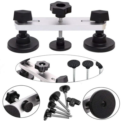 Paintless Dent Repair Tool Kit With Double Pole Bridge Pullers For Auto Dents, Includes 6 Glue Pullers, close-up of tool attachments