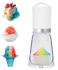 Glowing Electric Snow Cone Maker For Home Use Quick Ice Crusher With 2 Easy Clean Molds displaying colorful snow cones and machine.