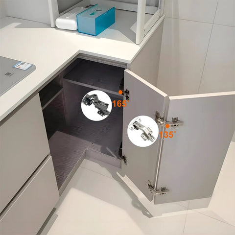 Solid As A Rock 165 Degree Soft Close Cabinet Hinges installed on kitchen cupboard doors in satin nickel finish.
