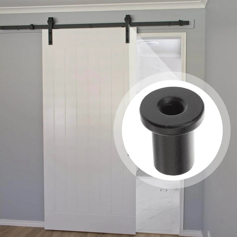 Sliding Barn Door Spacers Kit DIY Ready 5 Pcs Flat Track Hardware Replacement shown installed on a white door, close-up of black spacer.