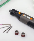 8V Cordless Rotary Tool with Internal Battery, Variable Speed Up To 28,000 RPM, Brushless Motor, shown with various drill bits