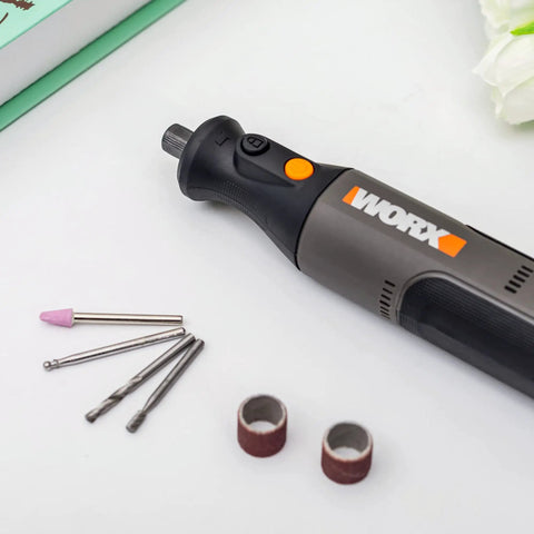 8V Cordless Rotary Tool with Internal Battery, Variable Speed Up To 28,000 RPM, Brushless Motor, shown with various drill bits