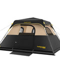 Zeta C6 Pro Six Person Instant Cabin Tent With 60 Second Setup, Rainfly Included, shown in black and khaki with windproof shell.