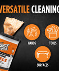 Heavy Duty Scrubbing Towels With Dual Textured Power That Are Tough As Nails At Cleaning Grease Grime Paint Resins And Glue From Hands Tools And Surfaces Without Sticky Residue 72 Count container with illustrative icons for hands, tools, and surfaces