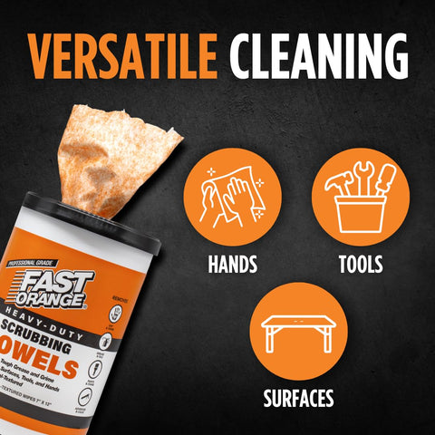 Heavy Duty Scrubbing Towels With Dual Textured Power That Are Tough As Nails At Cleaning Grease Grime Paint Resins And Glue From Hands Tools And Surfaces Without Sticky Residue 72 Count container with illustrative icons for hands, tools, and surfaces