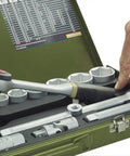 36 Piece Socket Set With Quarter Inch Square Drive Includes 13mm Sockets Slotted Phillips Torx And Allen Bits in green steel case
