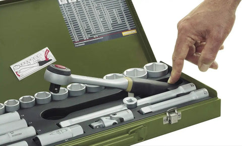 36 Piece Socket Set With Quarter Inch Square Drive Includes 13mm Sockets Slotted Phillips Torx And Allen Bits in green steel case