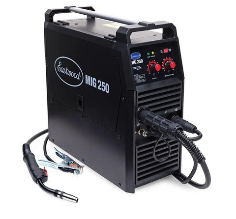 MIG 250 And TIG 225 AC DC Master Welding Kit showing the MIG 250 machine with controls and cables attached.