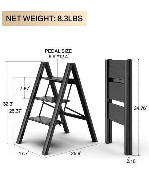 3 Step Aluminum Folding Ladder With Wide Anti Slip Pedals Lightweight Portable Stepladder For Home And Kitchen Space Saving Design Heavy Duty 330 Lb Capacity Black, shown folded and open with dimensions highlighted.
