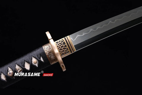 Close-up of a Katana Sword With T10 Steel, Clay Tempered For Real Sharp Edge, featuring brass tsuba and handmade design.